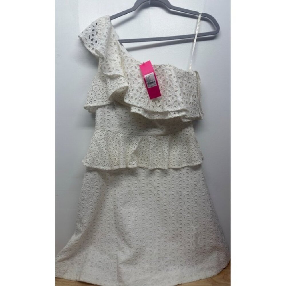 LILLY PULITZER JOSIE Eye Lace Dress $238 WHITE Midi Length Peplum Lined Sz 4 #28